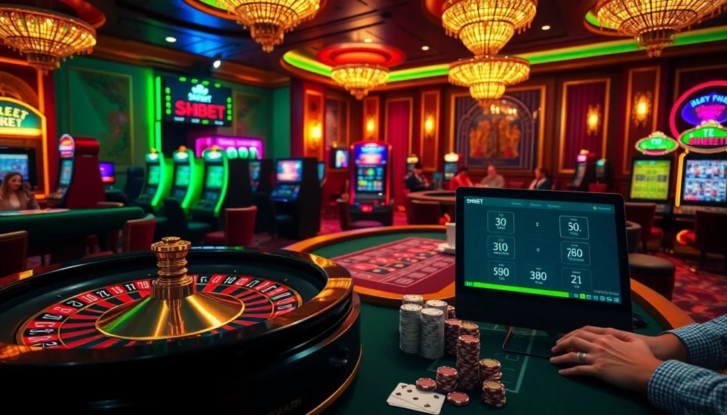 SHBET online casino scene with vibrant roulette and poker table action.