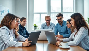 Verschiedene Experten in einer SEO Agentur mit KI, die über digitale Marketingstrategien diskutieren.