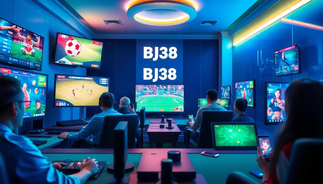 BJ38 online gaming scene showcasing diverse players enjoying chicken fighting, sports betting, and casino games in an engaging environment.