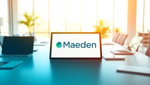 Showcasing the Maeden logo in a professional branding presentation setup with modern devices.