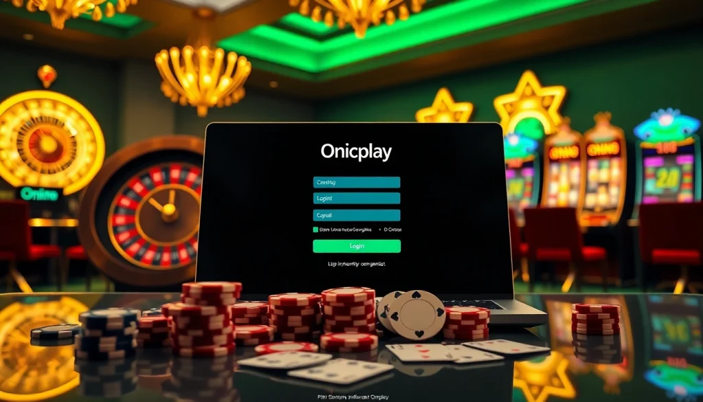 Image depicting an Onicplay login interface surrounded by poker chips and slot machines for online gambling.