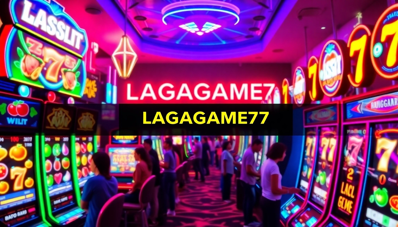 LAGAGAME77 vibrant slot gaming scene with dynamic machines and neon lights.