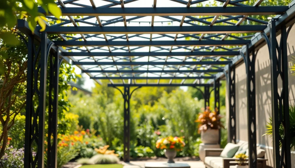 Enjoy the beauty of a modern steel pergola surrounded by lush greenery and flowers, inviting relaxation.