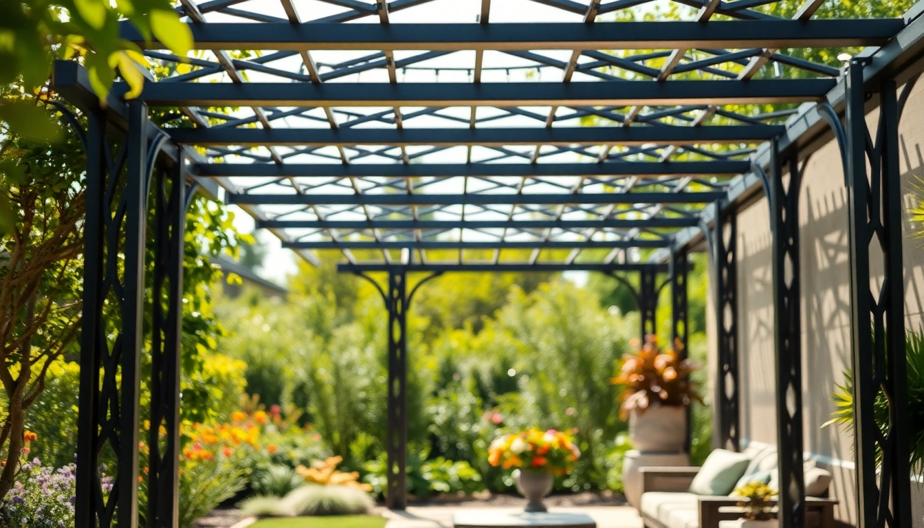 Enjoy the beauty of a modern steel pergola surrounded by lush greenery and flowers, inviting relaxation.