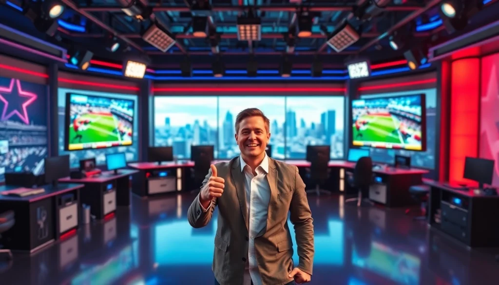 Engaging host in sports broadcasting studio with live event screens and vibrant atmosphere.