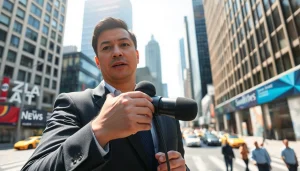 Report live from https://www.thedailynewsonline.com showcasing a news anchor with microphone.