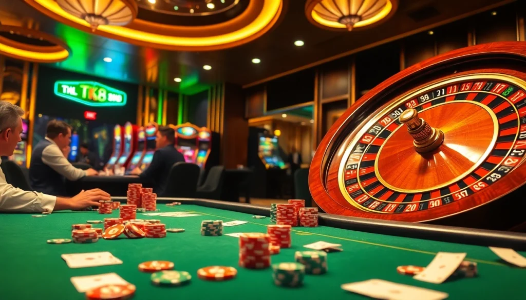 Experience the thrill of winning at TK88 casino tables with vibrant chips and cards.