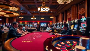 FB88 casino scene featuring exciting table games, players enjoying blackjack, and vibrant slot machines.