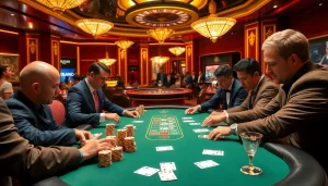 Competitive players engage in a high-stakes game at U888's luxurious casino table, showcasing poker chips and cards.