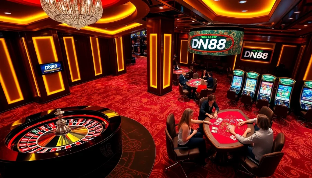 Experience the excitement of DN88 at a luxurious casino table featuring roulette and poker games.