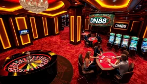 Experience the excitement of DN88 at a luxurious casino table featuring roulette and poker games.