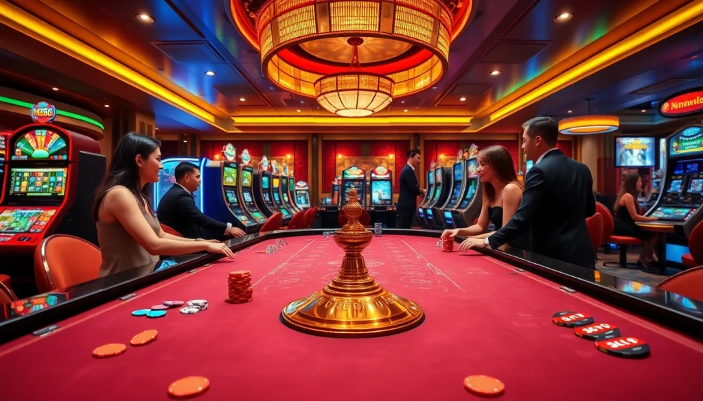 MM88 players enjoying an exciting casino atmosphere with vibrant gaming tables and slot machines.