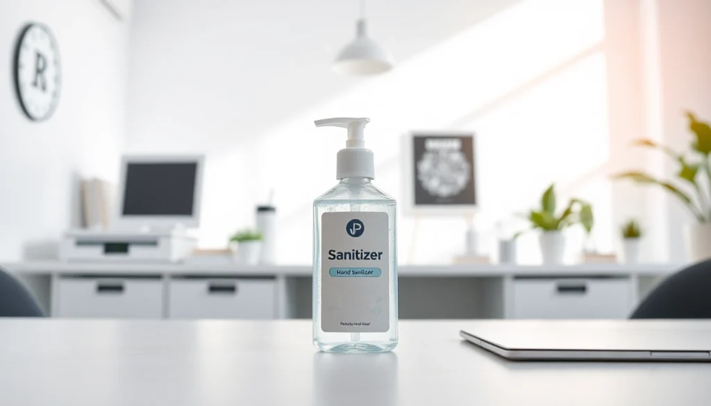 Showcase customizable hand sanitizer in a professional setting highlighting its unique features.