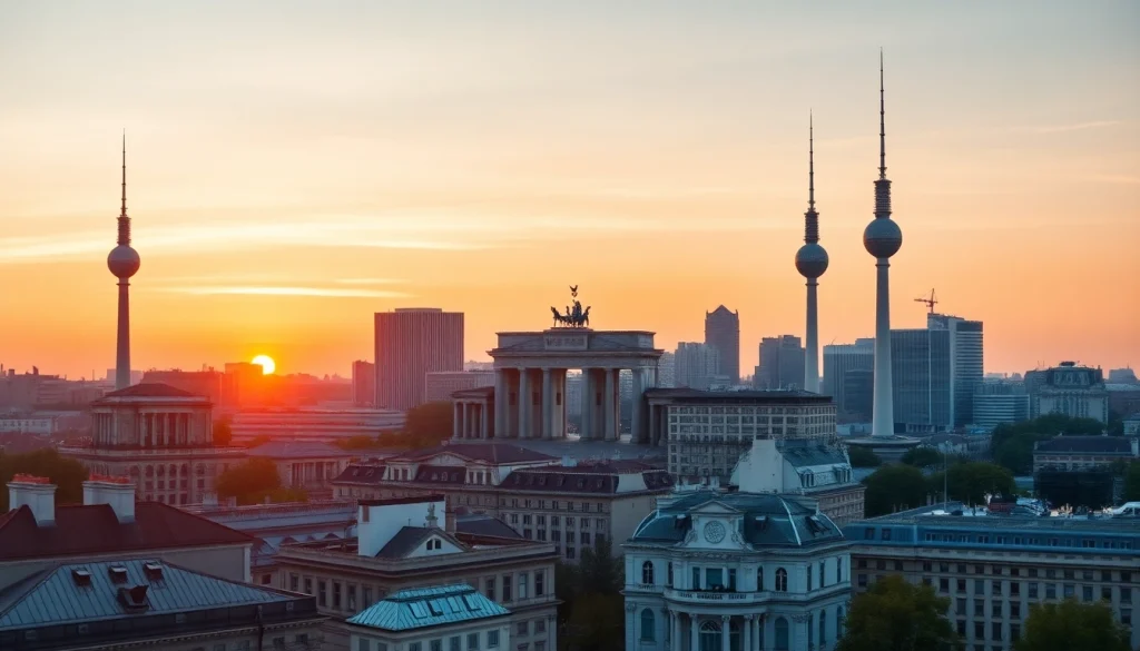 Drohnenfotos Berlin der Skyline mit ikonischen Wahrzeichen und beeindruckendem Sonnenaufgang