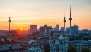 Drohnenfotos Berlin der Skyline mit ikonischen Wahrzeichen und beeindruckendem Sonnenaufgang
