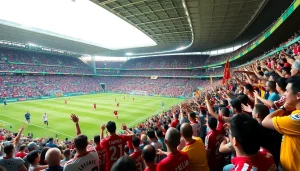 تفاعل جماهير كرة القدم في استاد خلال مباراة كوورة لايف، مع عرض ألوان الفرق النابضة بالحياة.