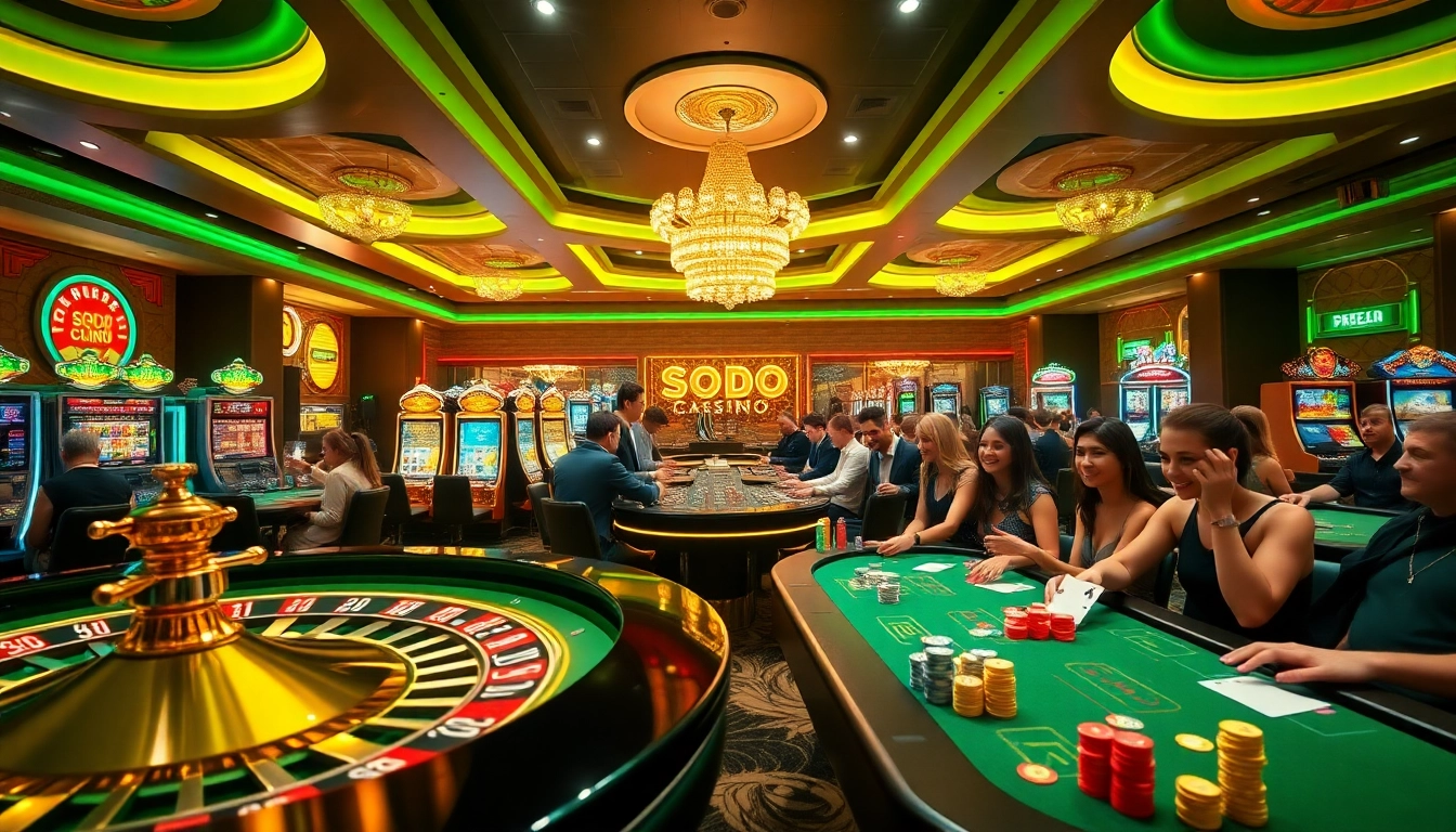 Players celebrating wins at SODO CASINO amidst an exciting gambling atmosphere.