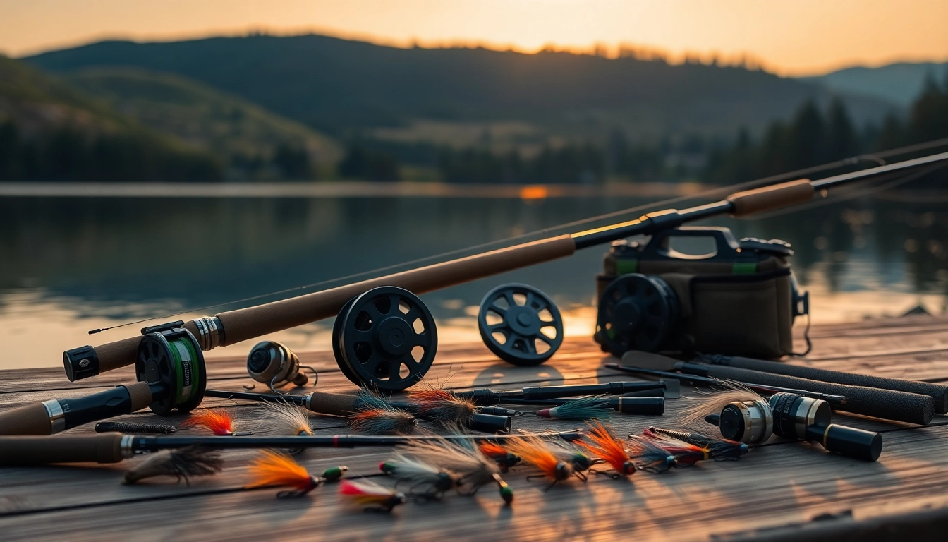 Showcase of a Fly fishing kit with assorted rods and reels at a lakeside setting.