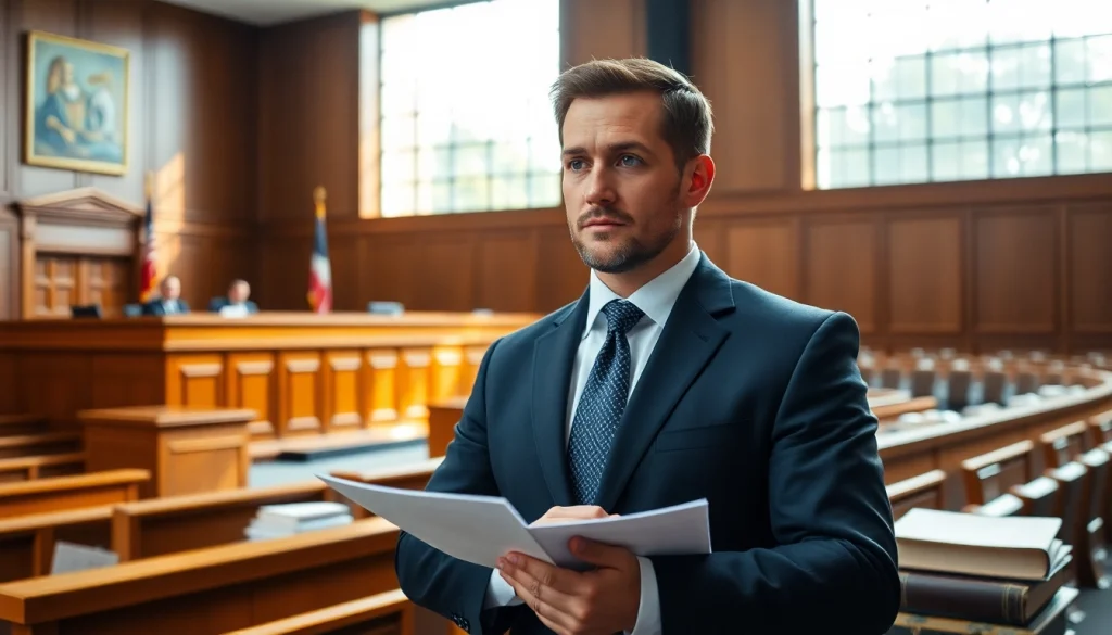 Menggambarkan professional attorney menggunakan brio4d dalam suasana ruang sidang.