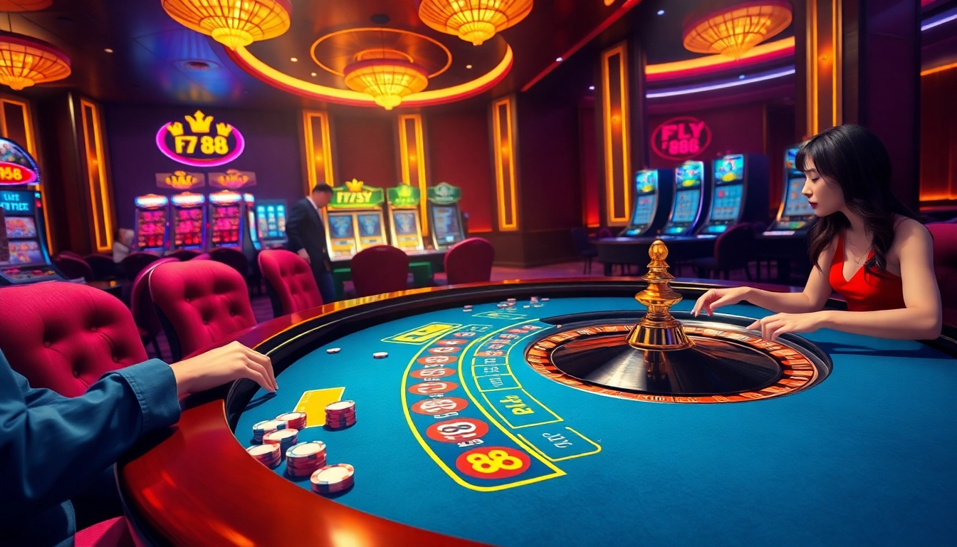Players engaging in an exciting roulette game at FLY 88 casino, showcasing vibrant chips and thrilling atmosphere.