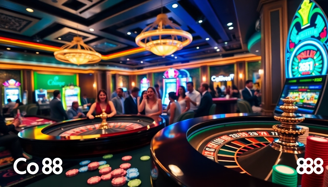 Exciting gaming scene at Co88 casino with players at a roulette table and vibrant slot machines.