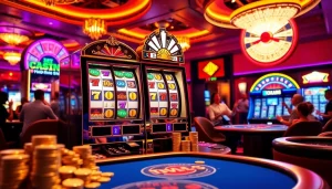 Engaging players enjoying the thrill of idn slot machines in a vibrant casino setting.