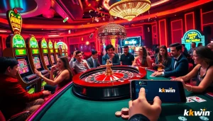Kkwin players celebrating a win at a luxury casino with vibrant tables and slot machines.