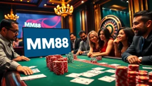 Interacting at an MM88 casino table with poker chips and cards, embodying excitement and engagement.