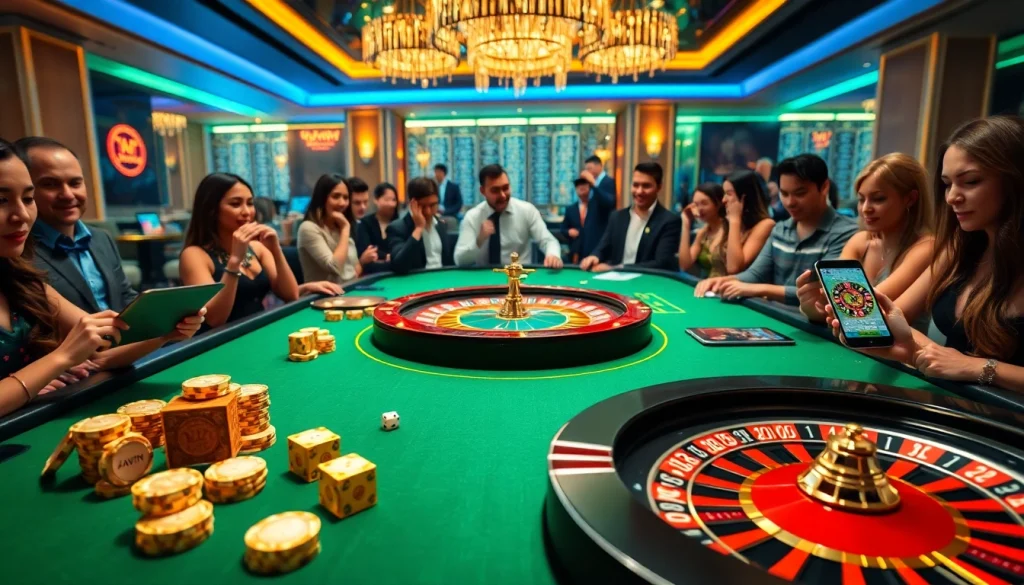 Haywin gaming table filled with poker chips, dice, and roulette wheel action.