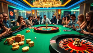 Haywin gaming table filled with poker chips, dice, and roulette wheel action.