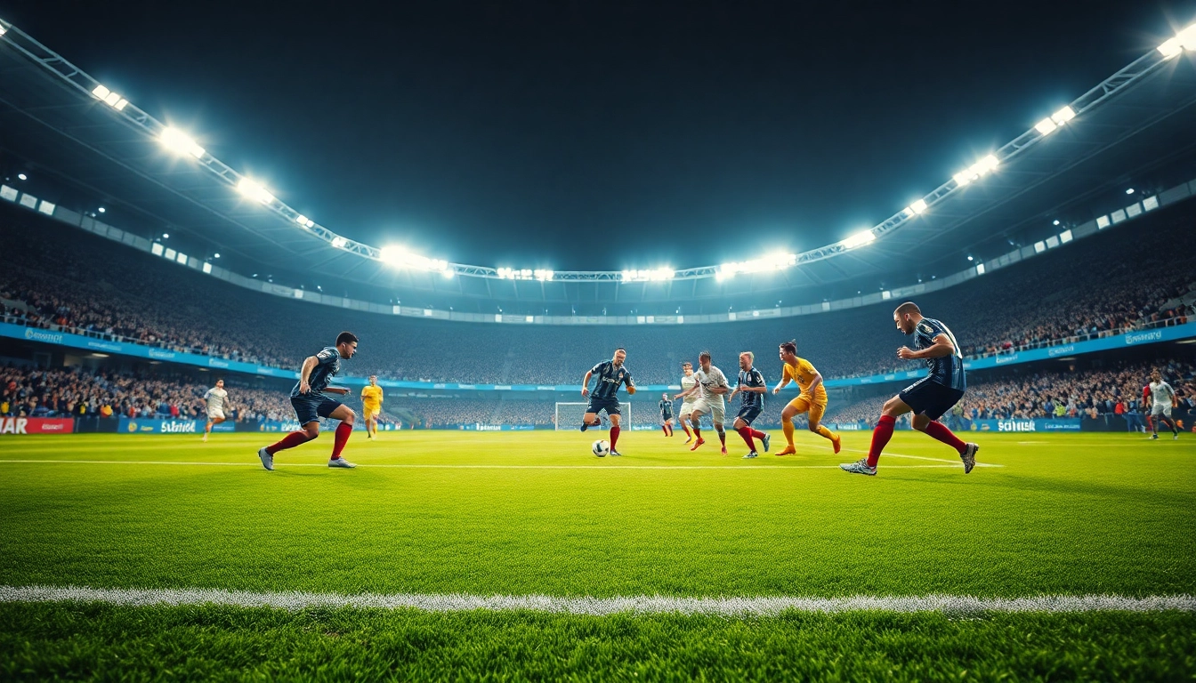 ฟุตบอลคืนนี้ การแข่งขันฟุตบอลที่เข้มข้นในสนามที่มีไฟสว่างและผู้ชมในบรรยากาศที่เต็มไปด้วยพลัง