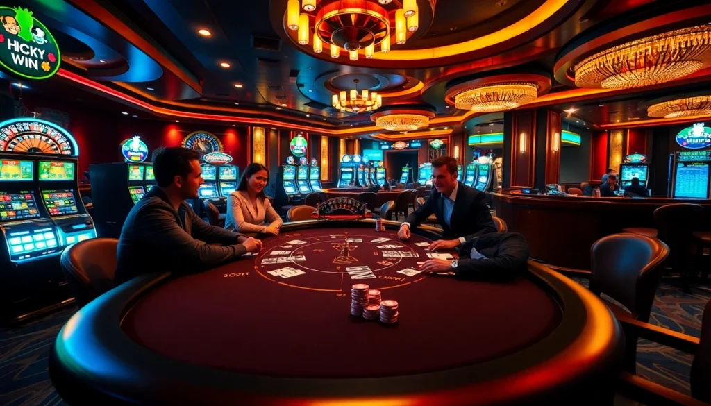 Players at a poker table celebrating a Hay win amidst a vibrant casino ambiance.