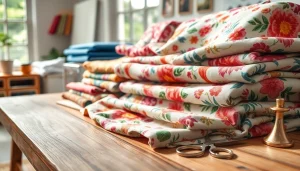 Hoogwaardige bedrukte katoenen stoffen met diverse prints en texturen op een houten tafel.