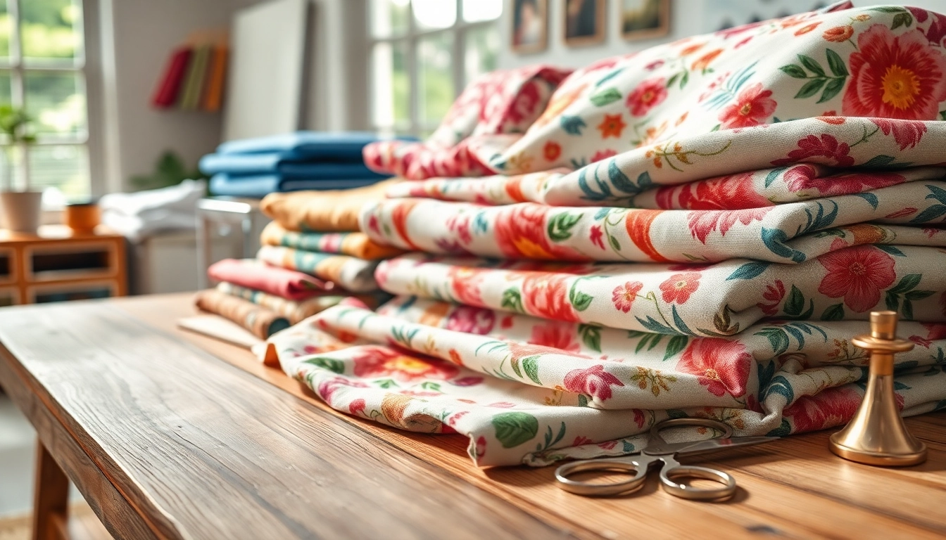 Hoogwaardige bedrukte katoenen stoffen met diverse prints en texturen op een houten tafel.