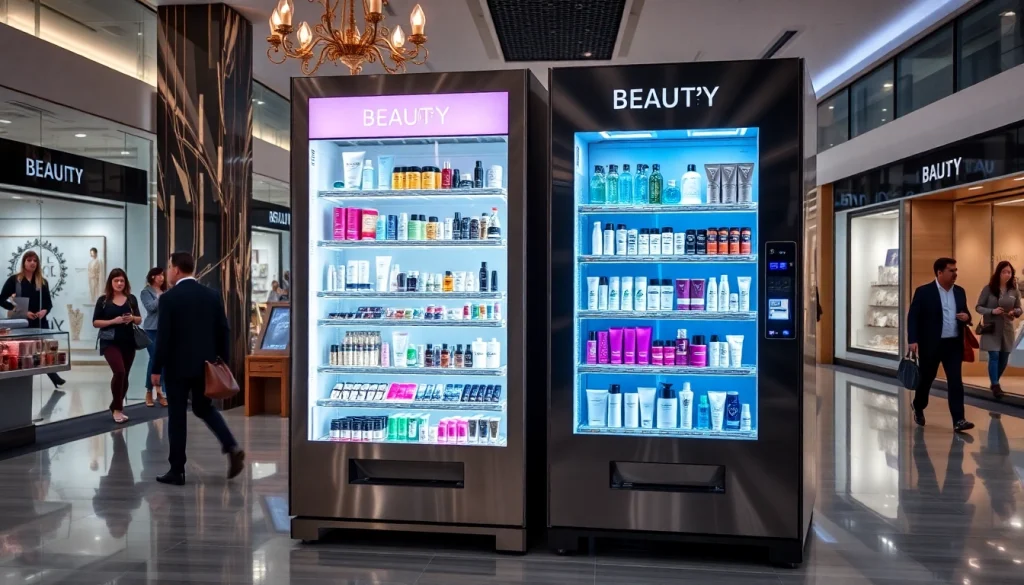 Luxury beauty vending machine showcasing premium skincare and cosmetics in a modern retail setting.