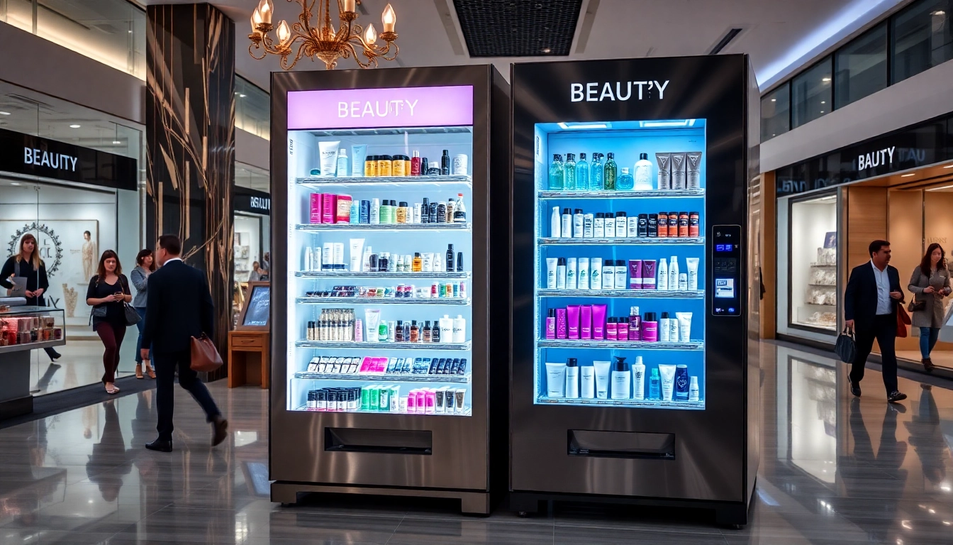 Luxury beauty vending machine showcasing premium skincare and cosmetics in a modern retail setting.