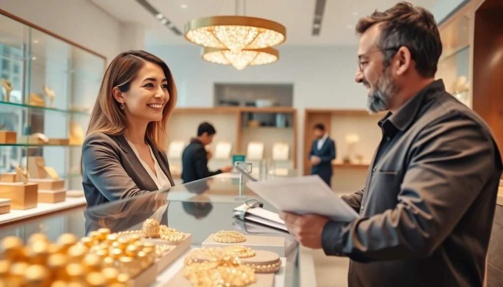 Comprare oro con un esperto che assiste un cliente soddisfatto in un negozio luminoso.
