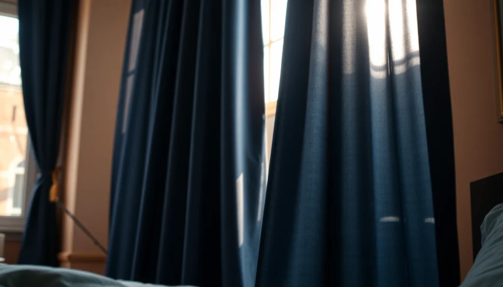 Verduisterende gordijnen in een elegante slaapkamer met natuurlijke verlichting en warme, aardse tonen.