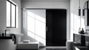Showcasing a stylish black shower sliding door nestled in a contemporary bathroom setting.