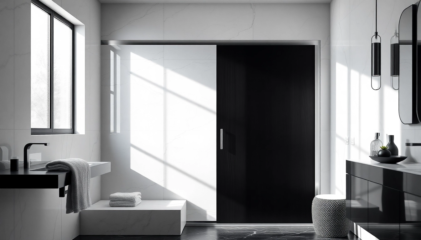 Showcasing a stylish black shower sliding door nestled in a contemporary bathroom setting.