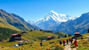 Manaslu trekking scene with lush valleys, Mount Manaslu, and vibrant trekkers.