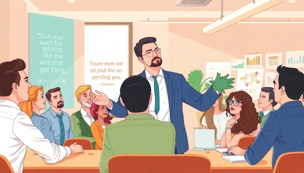 Showcasing founder leadership insights through a professional leader guiding a team in a modern office.