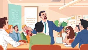 Showcasing founder leadership insights through a professional leader guiding a team in a modern office.