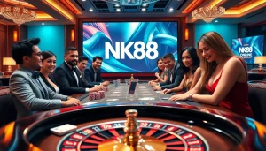 Players enjoying an exciting poker game at NK88, showcasing colorful chips and a vibrant atmosphere.