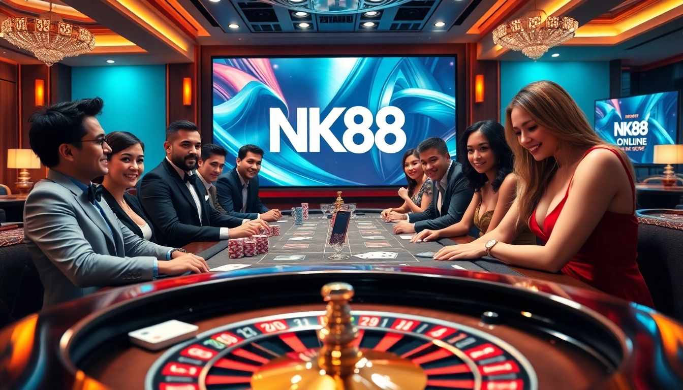 Players enjoying an exciting poker game at NK88, showcasing colorful chips and a vibrant atmosphere.