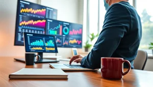 Engaging digital marketing strategist optimizing strategies with analytics in a modern workspace.