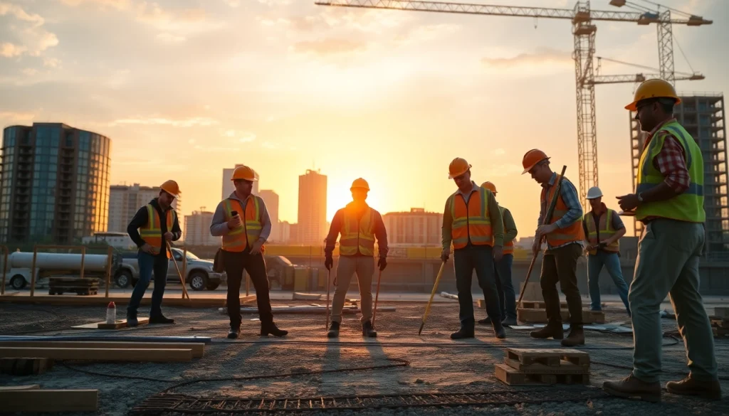 Builders collaborating in a construction association south carolina under a vibrant sunset.