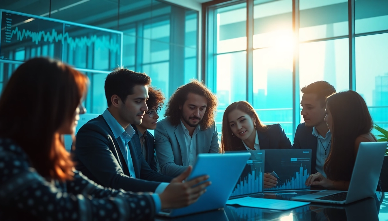 Team brainstorming on digital strategies with 1cplatform in a modern office setting.