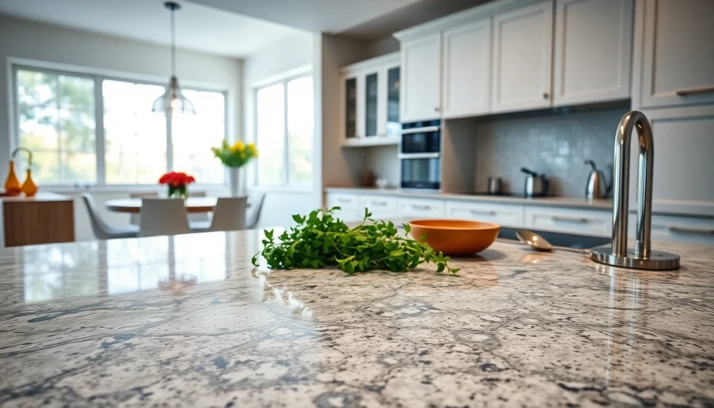 Granite Worktops showcased in a modern kitchen, featuring natural light and elegant design.