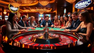 Players experiencing thrilling challenges at MMOO's luxurious casino tables, showcasing excitement and strategy.